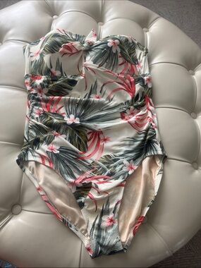 Kona Sol Strapless Tropical Floral One-Piece in White, Pink & Green